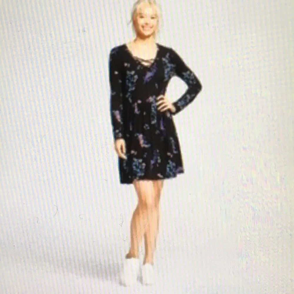 Black w/blue floral, long sleeved dress size small - Picture 2 of 3